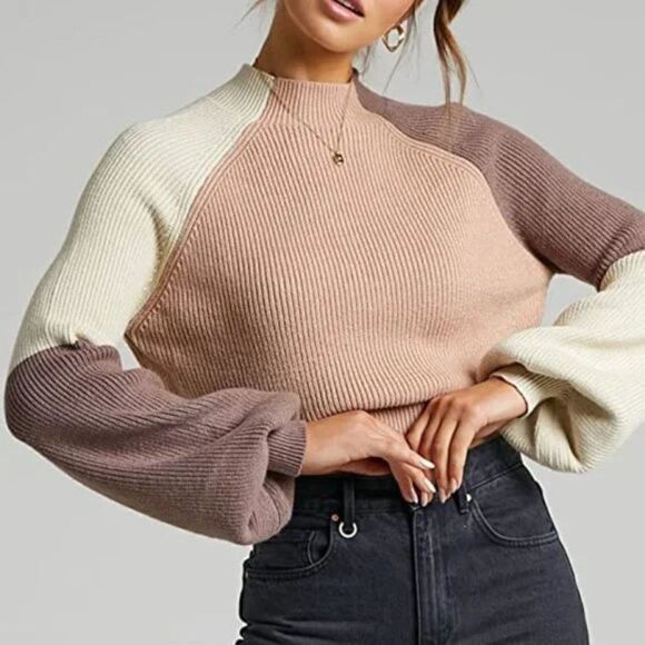 New Mock Neck Color Block Sweaters Knitted Pullover Tops Casual Lantern - Picture 3 of 6